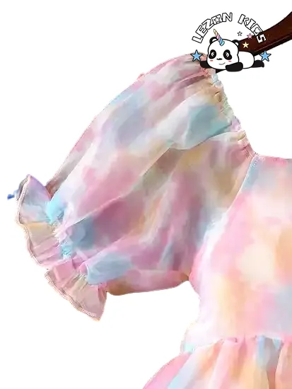 LEZONKIDS - Vestido de Organza de alta qualidade com decote quadrado, mangas curtas bufantes e bainha ampla para meninas